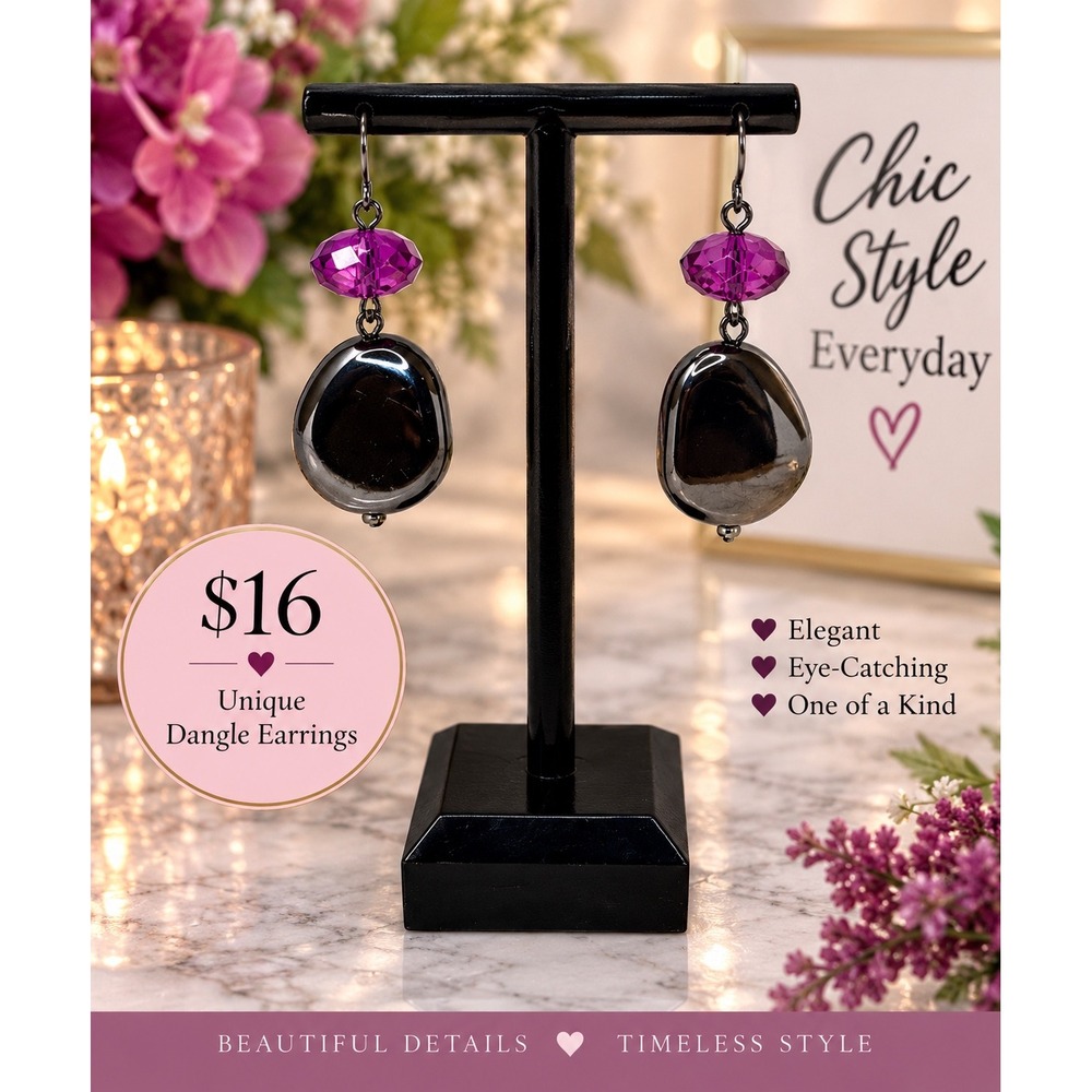 Unique Dangle Earrings Purple Faceted Bead Gunmetal Pebble Drop Handmade Style